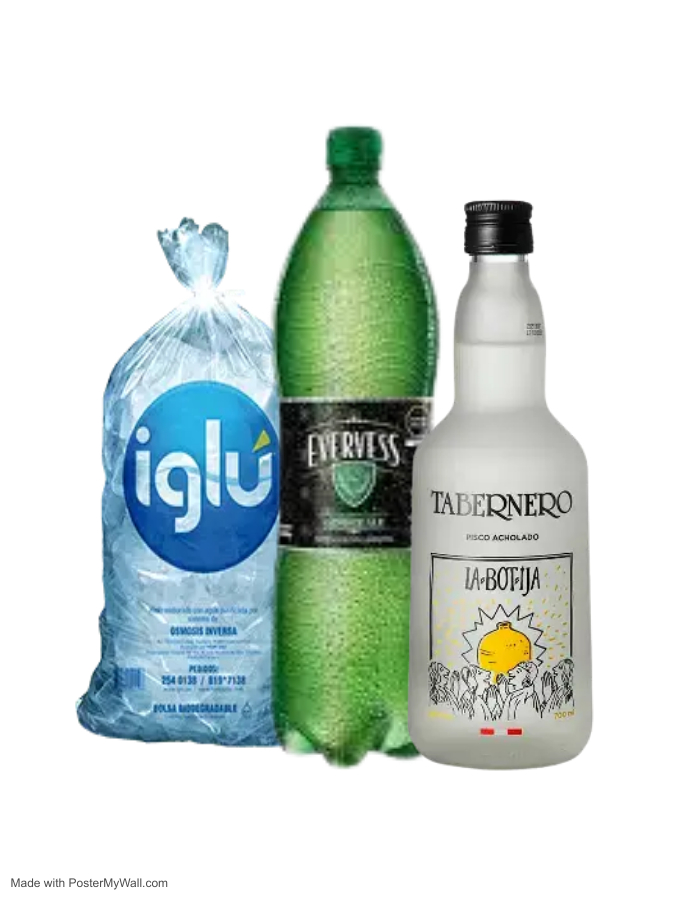 PISCO TABERNERO BOTIJA ACHOLADO 750ML + EVERVESS 1.5LT + HIELO IGLU 1.5KG